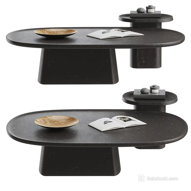 Modern Round Black Marble Coffee Table With Wooden Plate And Magazine On Top 3d model 