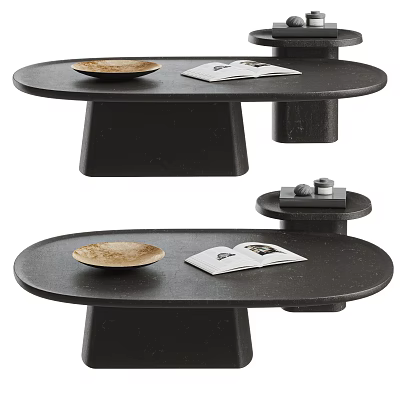 Modern Round Black Marble Coffee Table With Wooden Plate And Magazine On Top 3d model