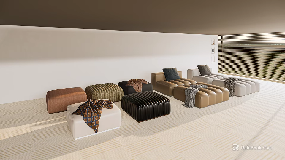 Multicolored Sofa Stools with Blankets in Bright Modern Interior Living Space 3d model