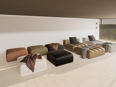 Multicolored Sofa Stools with Blankets in Bright Modern Interior Living Space 3d model