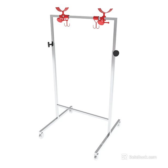 Rolling Metal Stand With Red Hooks And Wheels For Hanging Items 3d model