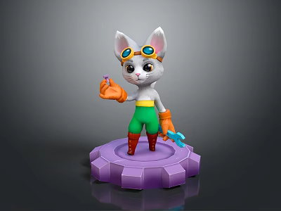 Cartoon Cat Character With Goggles Green Pants Red Boots Holding Wrench on Purple Gear Base 3d model