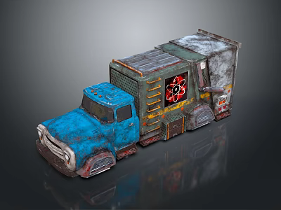Old Blue Truck With Rusty Details Green Gray Body And Radioactive Symbol 3d model