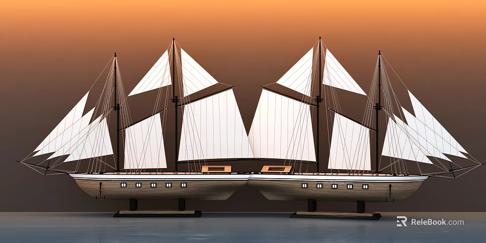 Two Wooden Sailboats With White Sails On Calm Water At Sunset 3d model 