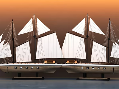 Two Wooden Sailboats With White Sails On Calm Water At Sunset 3d model