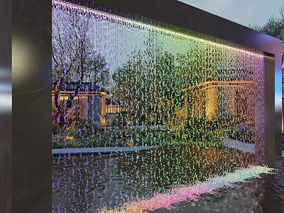 Stunning Water Fountain With Colorful Lighted Water Curtain Reflecting Trees And Buildings In Evening 3d model