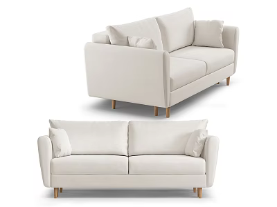 Modern Two Seater Sofa with Soft Cushions and Wooden Legs in Beige Fabric 3d model
