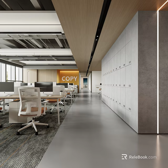 Modern Public Office Space With Open Layout Desks Computers And Lockers 3d model 