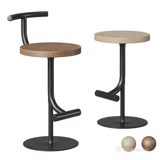 Modern Bar Stools With Wooden Round Seat And Metal Frame Footrest Design 3d model 