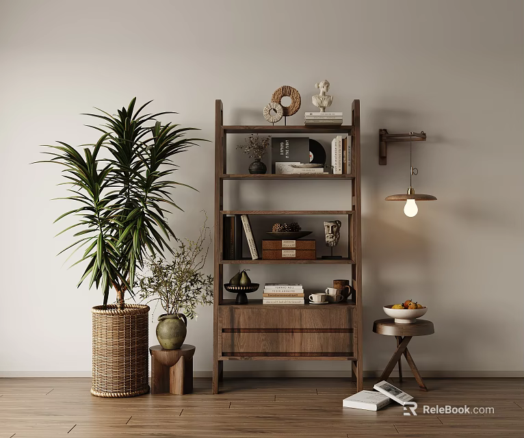 Wooden Bookshelf With Books Decorative Items Palm Plant Wall Lamp And Fruit Bowl 3d model 