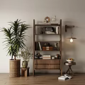 Wooden Bookshelf With Books Decorative Items Palm Plant Wall Lamp And Fruit Bowl