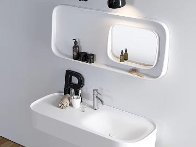 Modern White Bathroom Vanity With Wall Mounted Mirror Toiletries Faucet And Towel 3d model