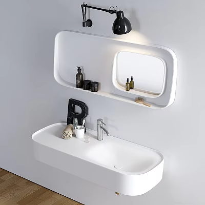 Modern White Bathroom Vanity With Wall Mounted Mirror Toiletries Faucet And Towel 3d model