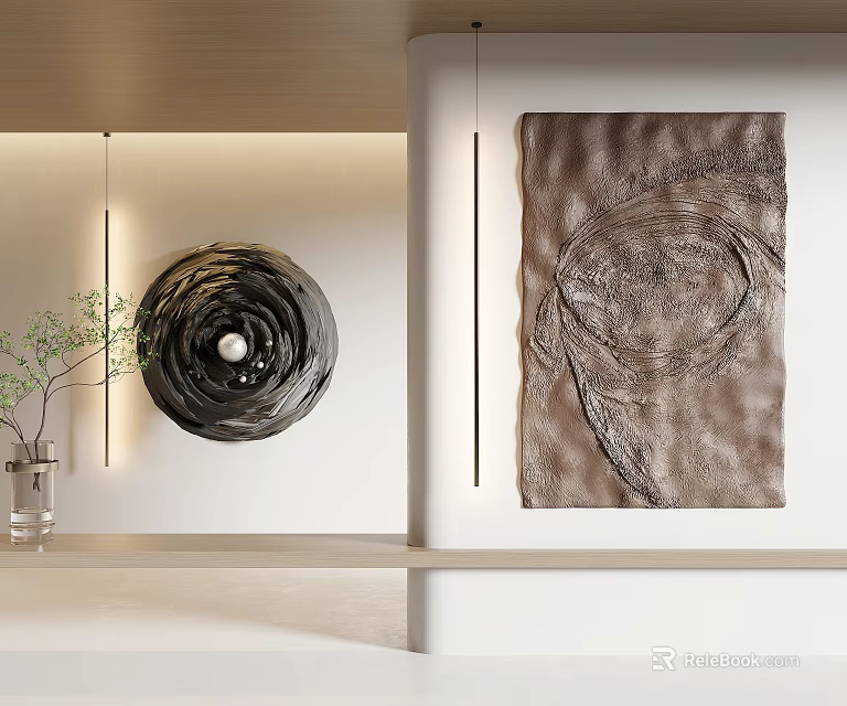 Contemporary Wall Decor With Circular And Textured Art In Minimalist Space 3d model 