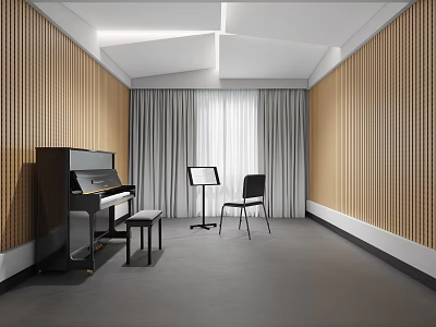 Modern Shoe Bench In Room With Wooden Striped Walls Gray Curtains And Gray Flooring 3d model