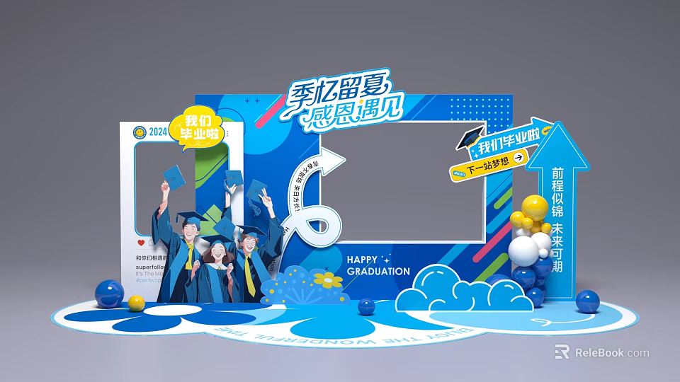 Graduation Season Photo Check-in Spot with Graduates Balloons and Cloud Decorations 3d model 