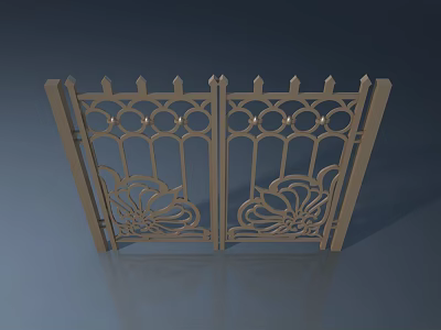 Decorative Iron Double Swing Door With Carved Floral Patterns And Spiked Top Rail 3d model