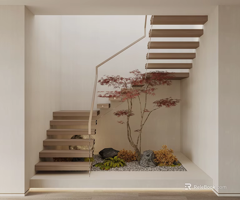 Modern Wooden Staircase Corner With Zen Garden Featuring Red Maple Tree Stones And Moss 3d model 