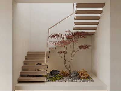 Modern Wooden Staircase Corner With Zen Garden Featuring Red Maple Tree Stones And Moss 3d model