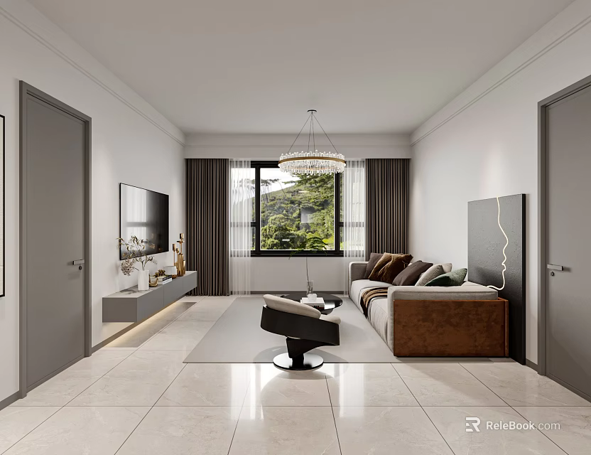 Modern Living Dining Room Interior Design With Chandelier Sofa TV And Large Window 3d model 