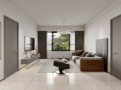 Modern Living Dining Room Interior Design With Chandelier Sofa TV And Large Window 3d model