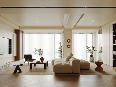 Modern Minimalist Living Room Interior With Beige Sofa Wooden Flooring And Large Windows 3d model