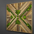Green Plant Wall with Wooden Cross Strips and Geometric Decorative Design