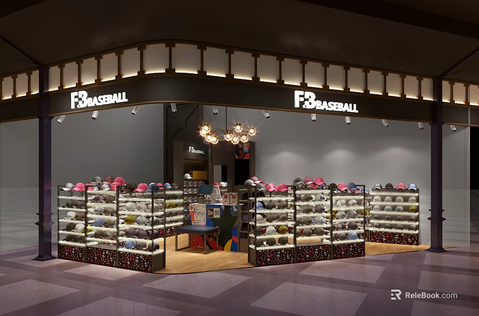 F3 BASEBALL Specialty Store Featuring Baseball Hats on Display Shelves in Well Lit Retail Space 3d model 