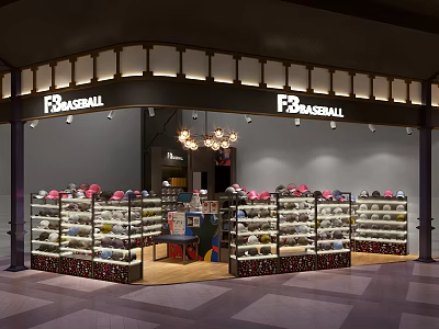 F3 BASEBALL Specialty Store Featuring Baseball Hats on Display Shelves in Well Lit Retail Space 3d model