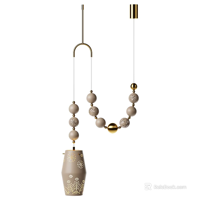 Elegant Beige Chandelier with Gold Accents Decorative Beads and Patterned Shade 3d model 