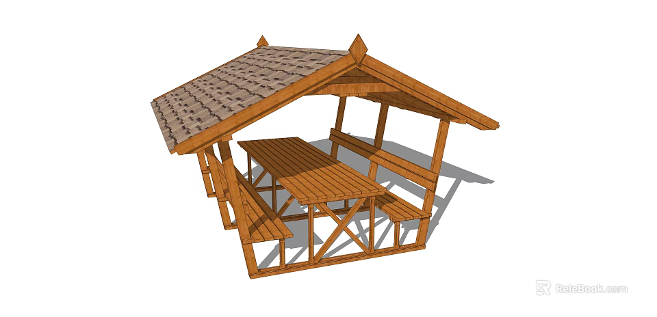 Wooden Pergola With Tiled Roof And Outdoor Table Benches For Garden Patio 3d model 