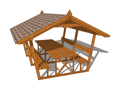 Wooden Pergola With Tiled Roof And Outdoor Table Benches For Garden Patio 3d model