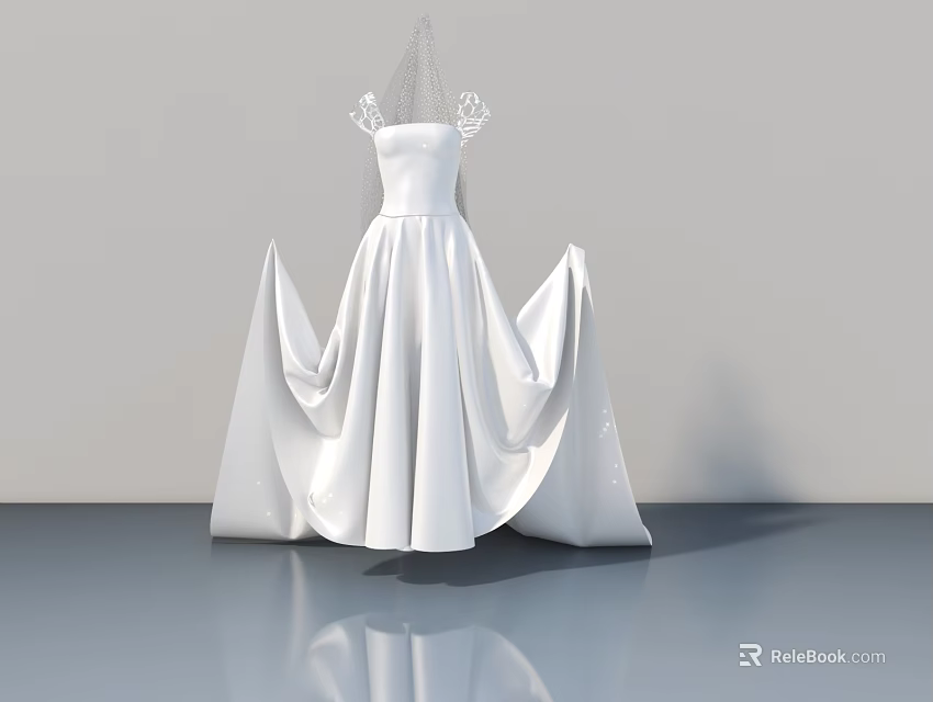 Woman In White Bridal Gown With Flowy Tulle Skirt And Veil Design 3d model 