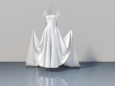 Woman In White Bridal Gown With Flowy Tulle Skirt And Veil Design 3d model