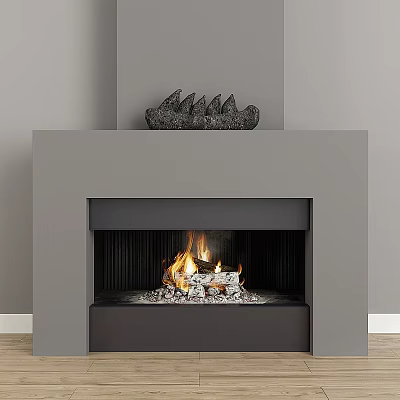 Modern Gray Fireplace Interior With Burning Fire And Wood Logs Decorative Sculpture On Top 3d model