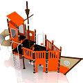 Orange Pirate Ship Shaped Playground Equipment With Slide Railings And Cabin Structure