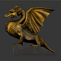 Golden Dragon Mythical Creature Statue With Spread Wings On Dark Stone Base Decorative Sculpture