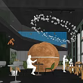 Modern Bar Interior With Spherical Installation Wine Glass Chandeliers Green Plants And Large Windows