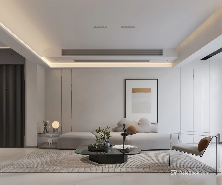 Modern Open Living Dining Room Interior With Sofa Coffee Table Wall Art And Rug 3d model 
