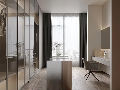 Modern Walk in Closet Interior Design With Glass Door Cabinetry Dressing Table And Chair 3d model