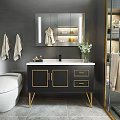 Stylish Black Bathroom Vanity With Gold Accents White Countertop Large Mirror And Decorative Vase