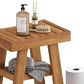 Wooden Stool With Wash Bottle Brush Towels Toilet Paper Rolls And Slippers For Daily Washing