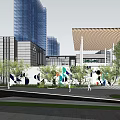Modern Urban Plaza With Pedestrians Greenery And Architectural Canopy Design