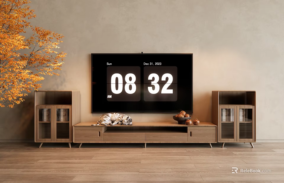 Modern Wooden TV Stand With Glass Door Cabinets Decorative Items Gray Wall And Wooden Floor 3d model 