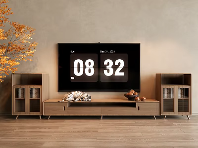 Modern Wooden TV Stand With Glass Door Cabinets Decorative Items Gray Wall And Wooden Floor 3d model
