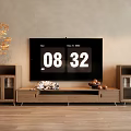 Modern Wooden TV Stand With Glass Door Cabinets Decorative Items Gray Wall And Wooden Floor