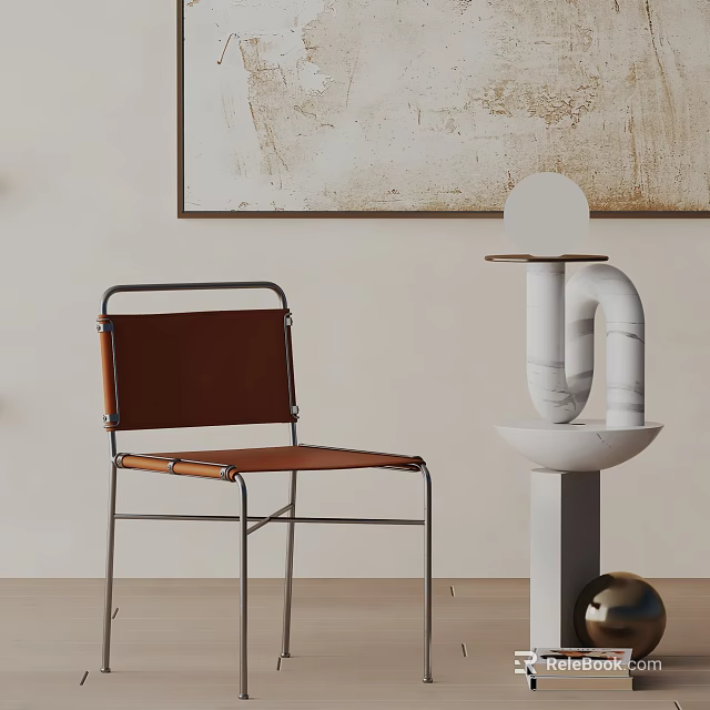 Modern Brown Leather Dining Chair With Sleek Metal Frame And Abstract Wall Art 3d model 
