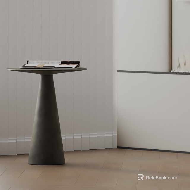 Minimalist Dark Gray Side Table With Conical Base Books On Light Wall And Wooden Floor 3d model 