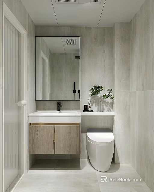 Modern Bathroom With Large Mirror Vanity Toilet And Plants 3d model 