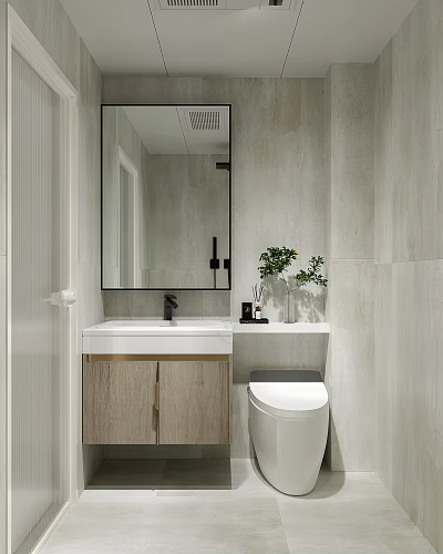Modern Bathroom With Large Mirror Vanity Toilet And Plants 3d model